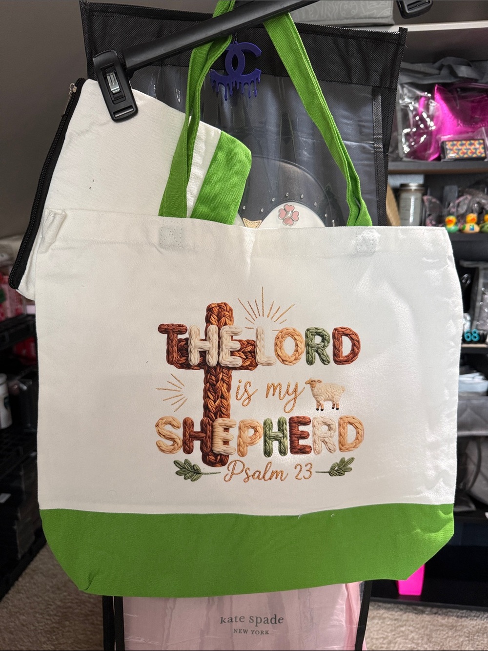 White and Bright Green Canvas Psalm 23 Tote with Pouch - Picture 3 of 3